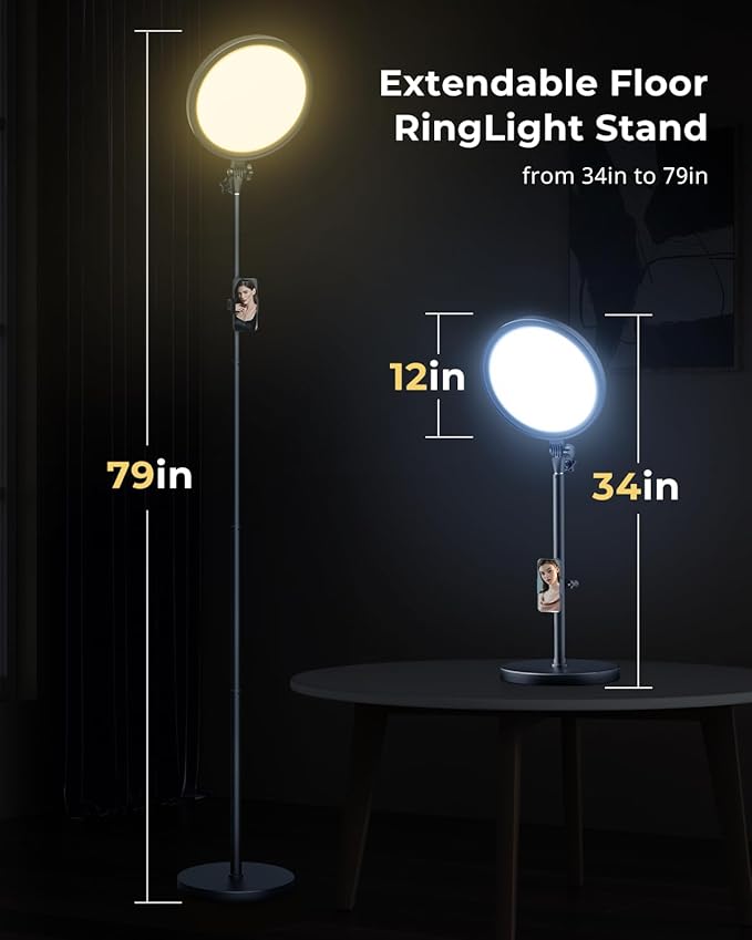 Aureday 12” Ring Light with Stand and Phone Holder, 79” Tall LED Circle Light