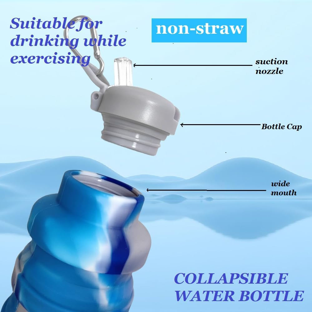 Skiennix Collapsible Water Bottles - 2 Pack BPA-Free Silicone Travel Bottles | Lightweight & Portable (Black & Aqua Blue)