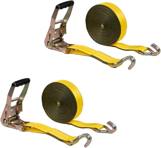 Mytee Products 2 Pack 2" x40' Yellow Ratchet Strap with J Hooks - 10,000 Lbs Breaking Strength - Heavy Duty Tie Down Cargo Truck Straps with Wire Hooks for Flatbed, Truck, Trailers Pickup