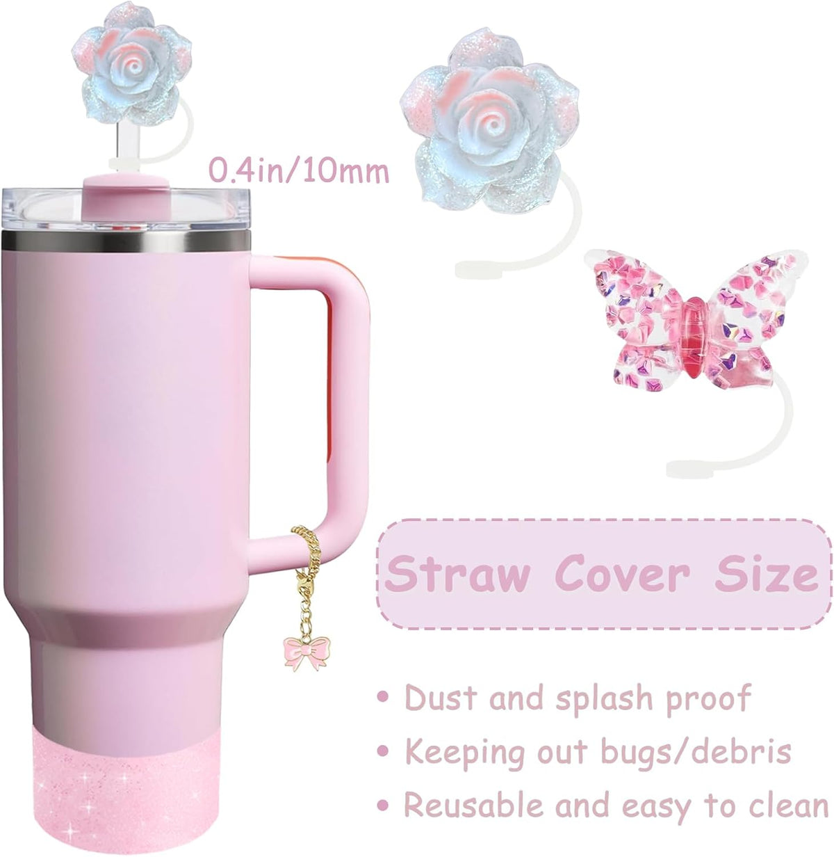 Stanley Cup Accessories Set - 2 Straw Covers, Silicone Stopper & Cute Maple Handle Charm | Fits 40 & 30 Oz Tumblers (Peony 2.0)