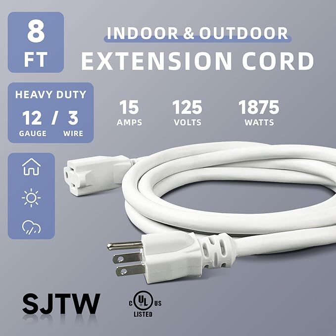EP 12/3 8 FT Indoor Outdoor White Extension Cord Waterproof, 12 Gauge 3 Prong Power Cord Flexible Resistant Appliance Extension Cable Electric Cable Outside, 15A 1875W 12AWG SJTW, ETL Listed