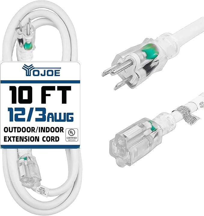 YOJOE Indoor Outdoor Extension Cord with Lighted End, 3 Prong 15A Weatherproof Power Cord, 12 Gauge Heavy Duty 10 ft White Extension Cord for Garage, Garden and Home, 12/3 SJTW UL Listed