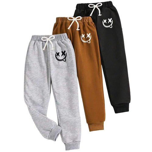 Nivne Tco Tween Boys 3 Pack Sweatpants Smiling Face Pattern Printed Elastic Waistband Jogger Pants with Bowknot Decor Rope (US, Age, 8 Years, Black+Grey+Brown)
