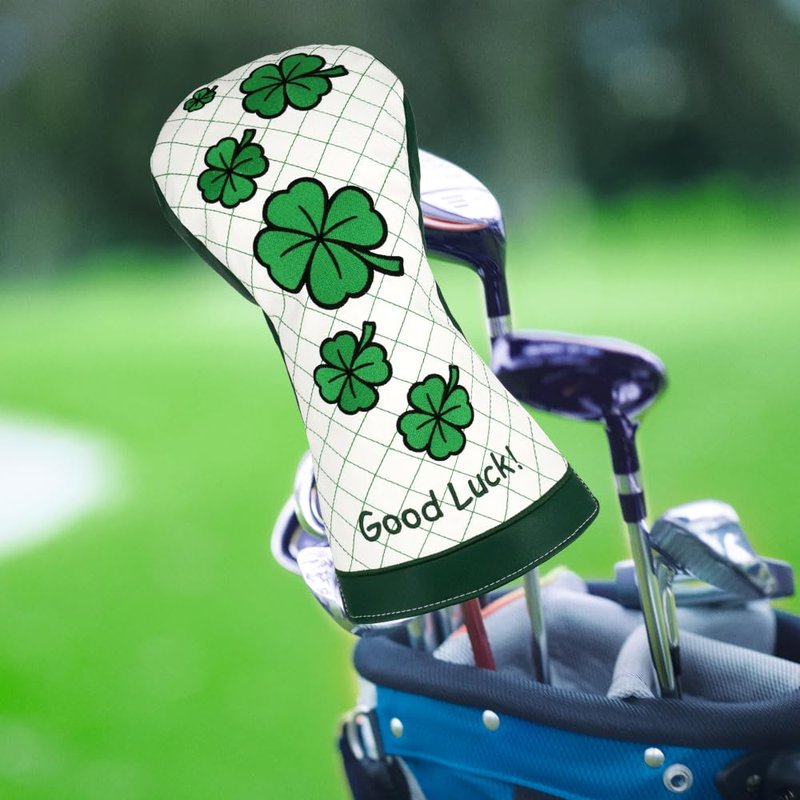PINMEI Golf Club Head Covers for Driver Headcover Embroidered Four-Leaf Clover Design Synthetic Lether Fit Most Drivers Fit for Titleist Callaway Ping Taylormade Cobra (White Good Luck Driver)