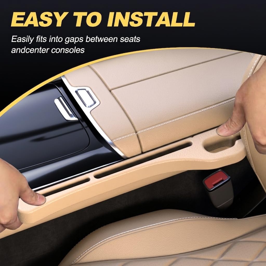 Car Seat Gap Filler Organizer - 2-Piece PU Leather Seat Gap Plug & Storage Pad to Prevent Dropping Items Between Seats and Center Console, Universal Beige Interior Accessories