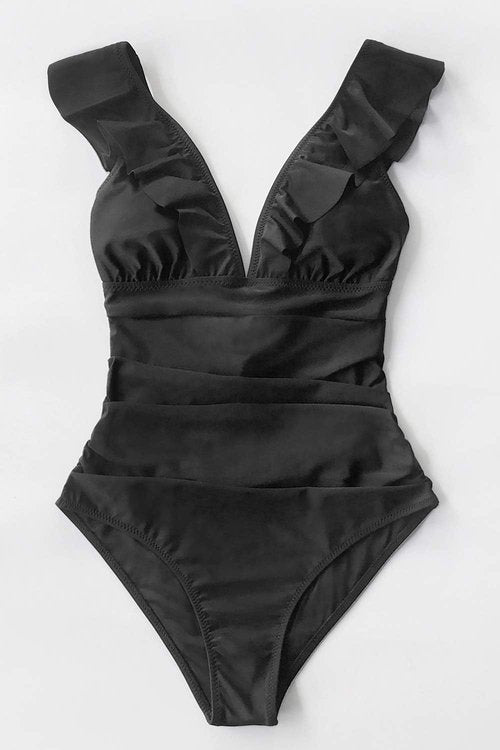 CUPSHE Women's Ruffled One-Piece Swimsuit - V-Neck Lace-Up Design for Flattering Fit