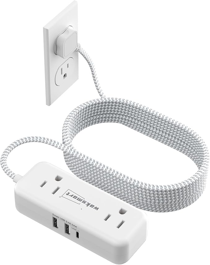 Flat Plug Extension Cord 15 Feet with 4 AC Outlets 3 USB Ports (5V/3.4A 17W), 15Ft Long Braided Cord for Home Office Dorm 13A 1625W