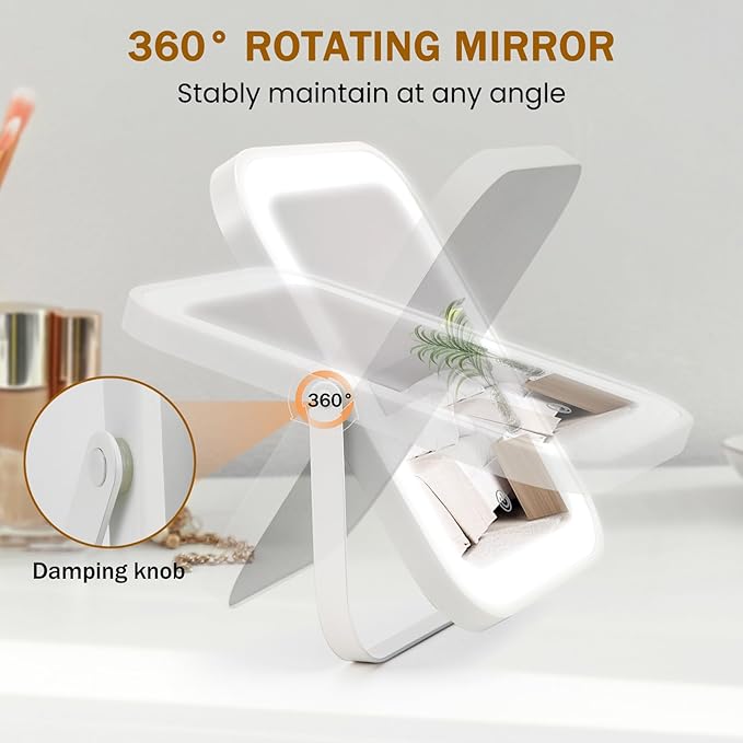 Rechargeable Vanity Mirror with Lights, 10"×8" Makeup Mirror with Lights, 1500mAH Battery, Smart Touch with 3-Color Lighting, Dimmable, HD Desk Mirror, Travel Essentials, Women Gift (White)