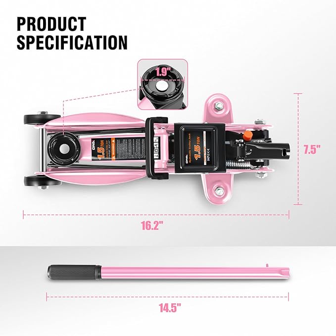 DNA Motoring 1.5 Ton Car Floor Jack Low Profile Hydraulic Trolley Service/Floor Jack, 1.5T / 3000 lbs Capacity, Lifting Range 5.3 Inch -12 Inch, with Storage Case, Pink, TOOLS-00327-PK