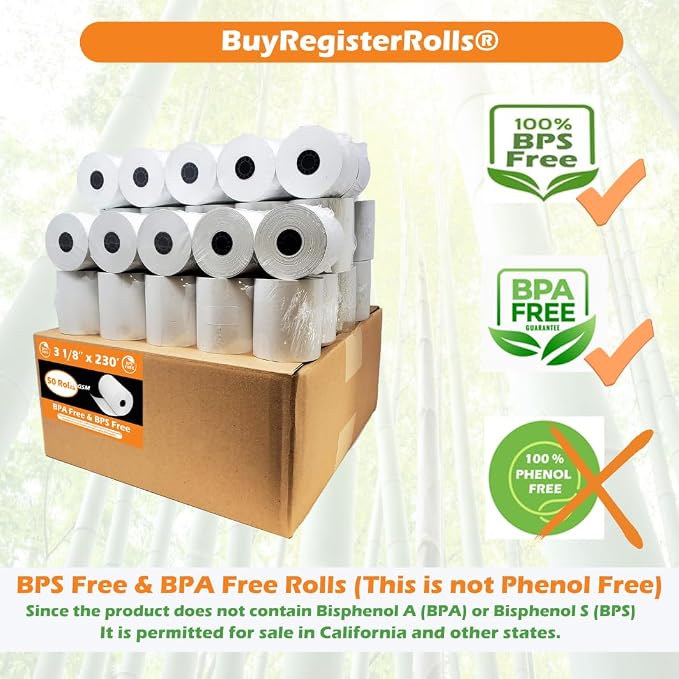 BPS Free Thermal Paper 3 1/8" x 230 ft Climate Friendly Receipt Rolls fits all