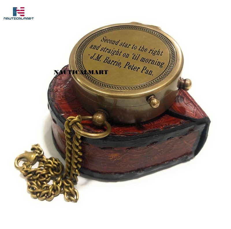 Second Star to The Right J. M. Barrie, Peter Pan Engraved Brass Compass Directional Compass Magnetic Pocket Personalized Gift for Camping, Hiking and Touring