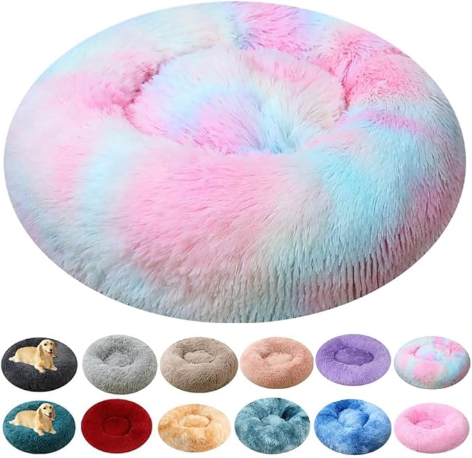 Calming Dog & Cat Bed, 24 Inch Anti-Anxiety Donut Cuddler Cat Bed with Anti-Slip Bottom, Washable Round Fluffy Pet Bed for Small Medium Dogs and Cats (Multi Color)