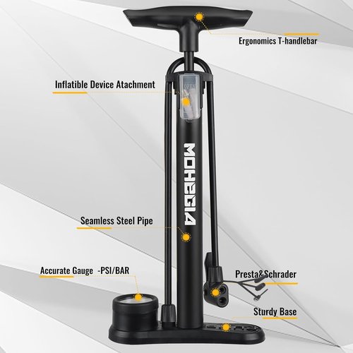 MOHEGIA Bike Floor Pump - High Pressure 160 PSI with Gauge | Fits Schrader & Presta Valves, Includes Ball Pump Needles