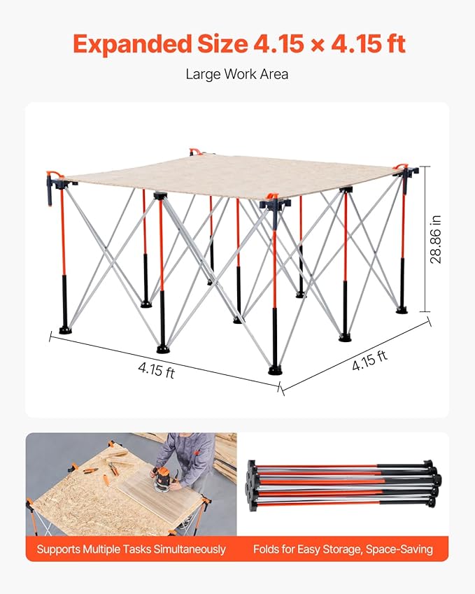VEVOR Portable Folding Workstand, 4.15 x 4.15 ft Collapsible Workbench, 3500 lbs Weight Capacity, No Assembly Foldable Work Stand with Storage Bag, Table Top NOT Included, for Garage Workshop Outdoor