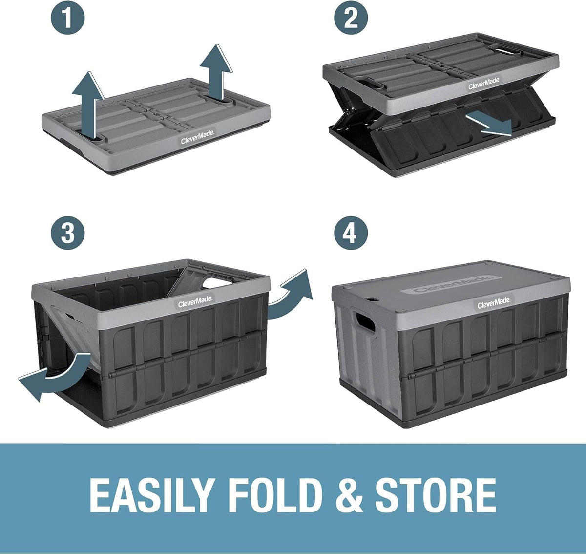CleverMade Collapsible Plastic Storage Bins with Lids, 46L 3 Pack, Stone | Integrated grips simplify carrying through garages, closets and trunks, with a stack-ready shape that keeps supplies orderly