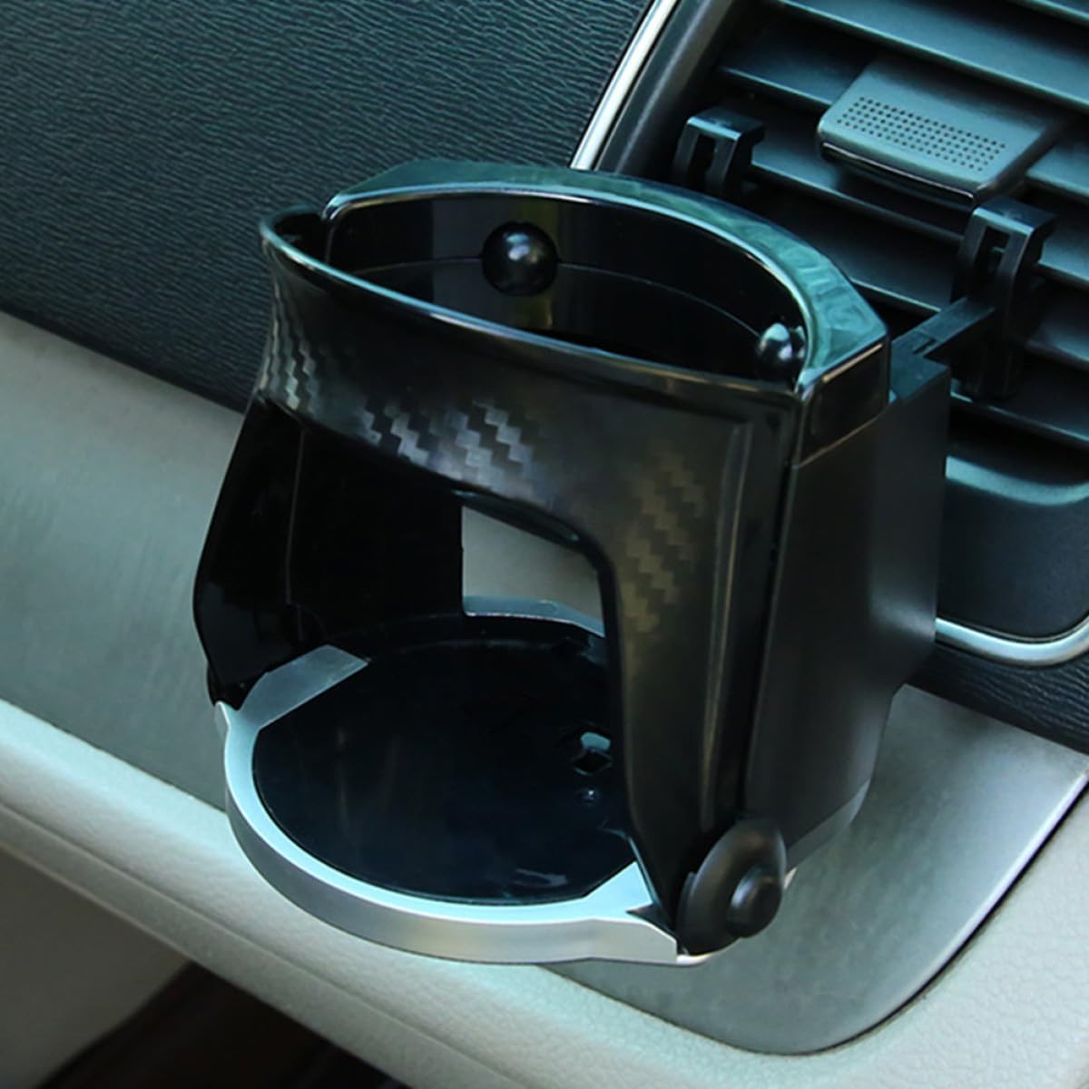 Car Air Vent Cup Holder with Carbon Fiber Finish, Multi-Functional Drink Holder Mount for Water Bottles and Phones, Clip-On Car Accessory for Vehicle Interior Organization