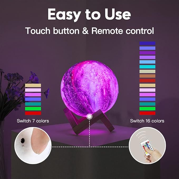 BRIGHTWORLD Moon Lamp Galaxy Lamp 5.9 inch 16 Colors LED 3D Moon Light, Remote & Touch Control Moon Night Light Gifts for Girls Boys Kids Women Birthday（Wooden Base）