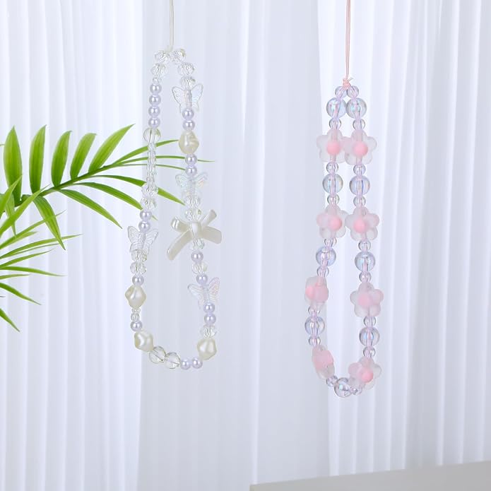 Pink Beaded Phone Wrist Straps, Y2K Phone Case Charms Camera Charm Strap