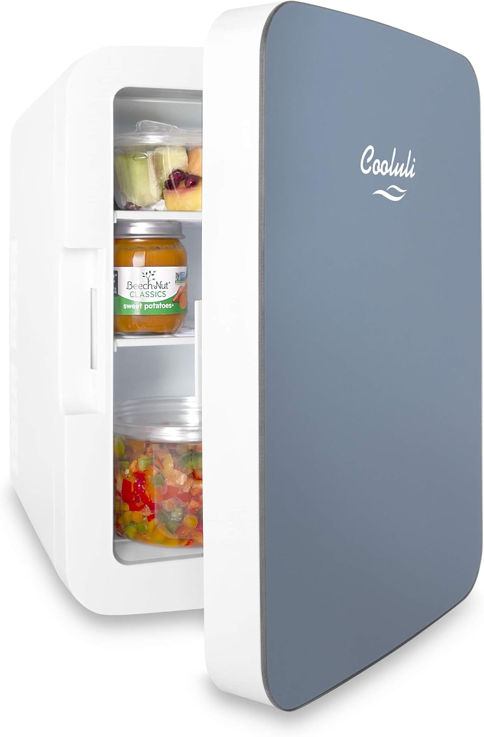 Cooluli 10L Mini Fridge for Bedroom - Car, Office Desk & College Dorm Room - 12v Portable Cooler & Warmer for Food, Drinks, Skincare, Beauty & Makeup - AC/DC Small Refrigerator with Glass Front, Blue