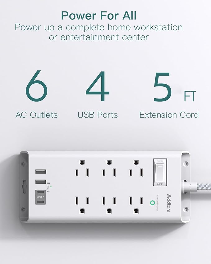 Surge Protector Power Bar, 5 FT Flat Plug Extension Cord Indoor, Power Strip with 6 Outlets Charger, 4 USB Ports(2 USB C), Desktop Charging Station for Home, Office, Dorm
