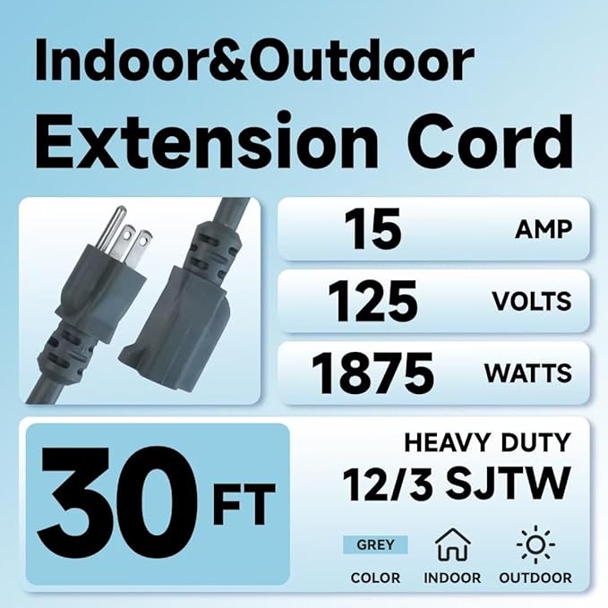 Indoor Outdoor Extension Cord, 12 Gauge 3 Prong Weatherproof Heavy Duty Gray Extension Cords, 12/3 SJTW 15A 30 FT Extension Cable for Garage, Garden and Home, UL Listed
