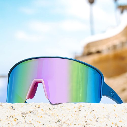 MAXJULI Polarized Sunglasses for Men Women,Windproof Outdoor Sports Cycling UV400 Protection Semi-Rimless Sun Glasses (Solid Blue to Half Transparent Pink/Pink Lens)