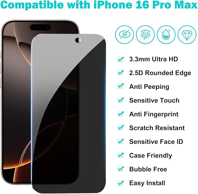 PEHAEL 3+3 Pack for iPhone 16 Pro Max Privacy Screen Protector