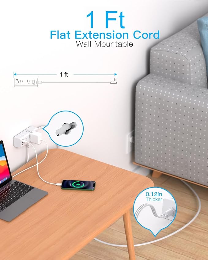 1Ft Extension Cord with Multiple Outlets, Flat Plug Power Strip Surge Protector with 1 Ft Cord, 6 Outlet 3 USB Ports (1 USB C), Multi Outlet Wall Plug for Travel, College, Dorm Room Essentials