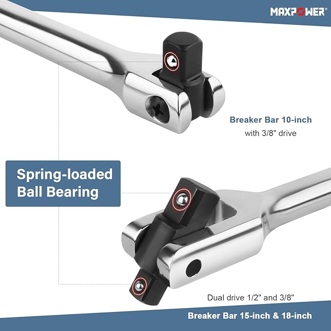 MAXPOWER 3Pcs Breaker Bar Set, Included 15 inch and 18 inch Breaker Bar with Dual Drive 1/2" and 3/8", 1/2" drive Short Bar 10"