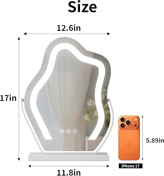 Makeup Mirror with Lights - 17″ Cloud Shaped Smart Touch 3-Color Dimmable 360° Rotation Memory Metal Frame Plug-in AC Power Tabletop Vanity Mirror Gift for Women Teen Girls White