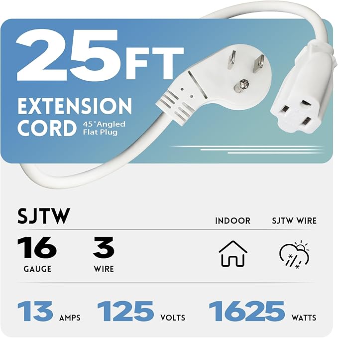 EP 25 Ft Flat Plug Extension Cord, 16 AWG 3 Prong Grounded White Low Profile Extension Cable for Indoor