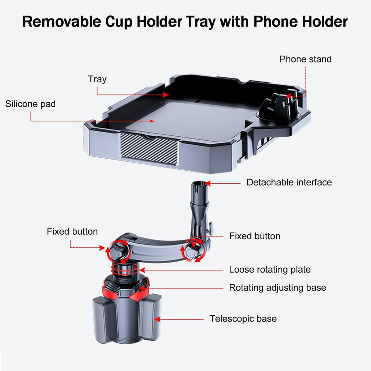 7.9-9.8in Expandable Car Cup Tray, 360 Rotating w/Phone Holder for RV Truck