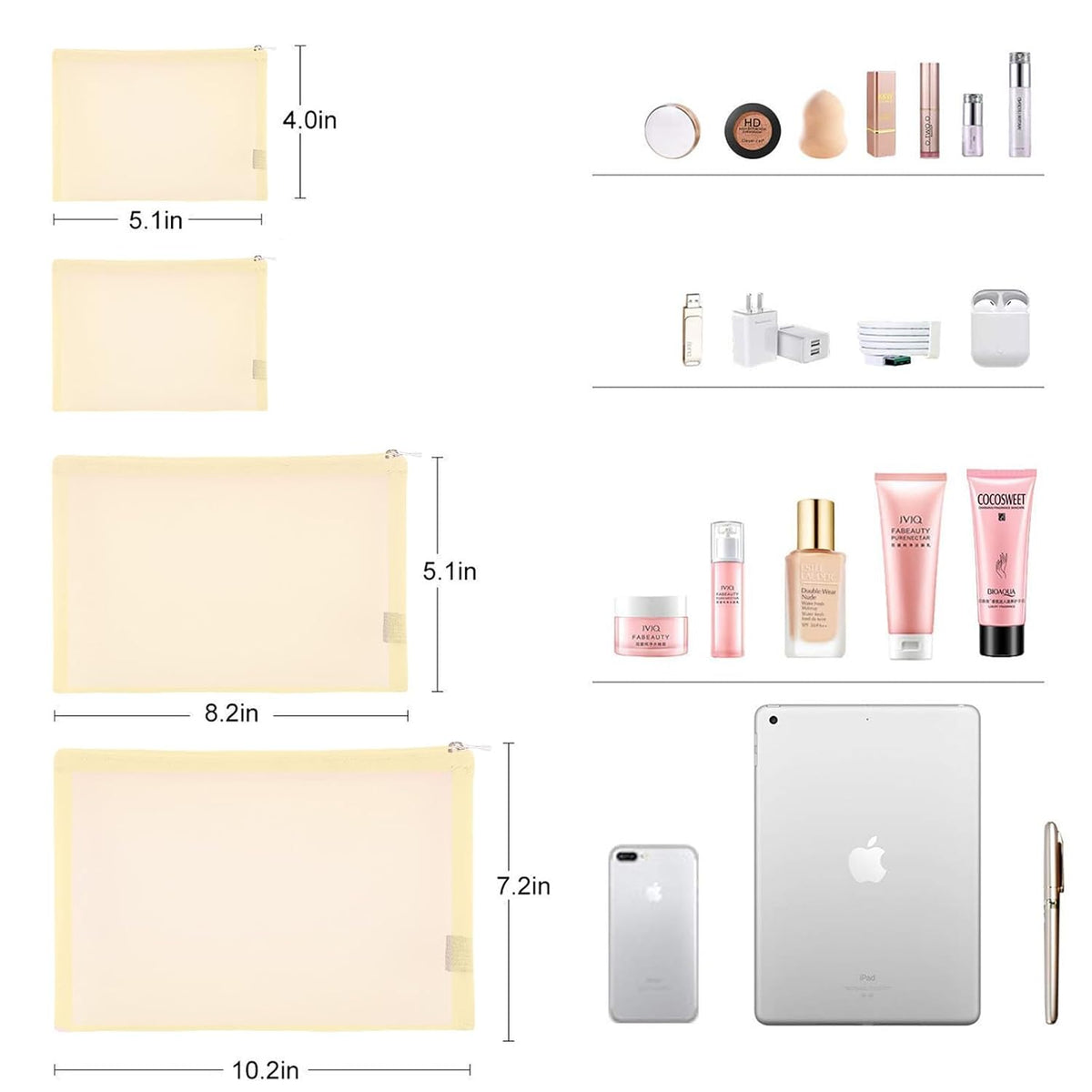 EASYFUN Mesh Pouch, Make up Bag with Zipper Cosmetic Organizer Pouch for Daily or Travel to Keep Small Items, 4 PCS Champagne