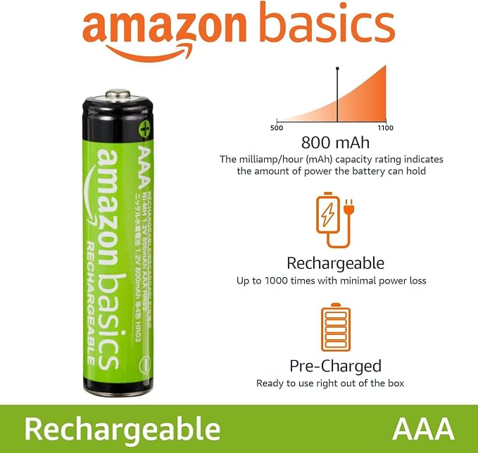 Amazon Basics 24-Pack Rechargeable AAA NiMH Batteries, 800 mAh, Low