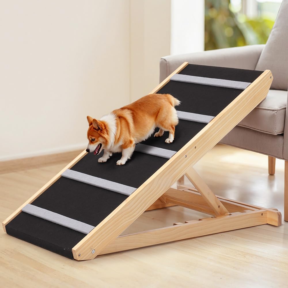 PawGiant Portable Dog Ramp for Bed, 39.4" L x 16.9" W Extra Wide Wooden Pet Ramp for Large Small Dogs, 5 Adjustable Heights from 14.5" to 26.3", Foldable Dog Ramp for Car Couch, Hold Up to 200LBS