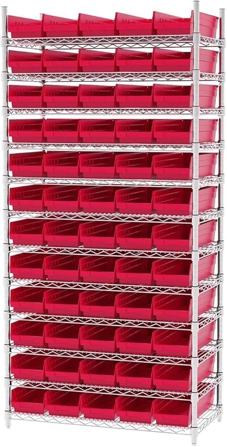 Akro-Mils 30138 Plastic Shelf Bins, Heavy Duty Storage Bins for Garage, Closet, and Drawer Organization, 18" x 6-1/2" x 4", Red, 12-Pack