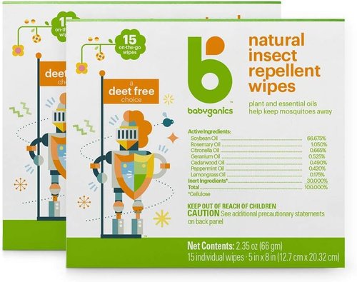 Babyganics Insect Repellent Wipes - DEET Free Travel Size | 30 Wipes (2 Packs of 15)
