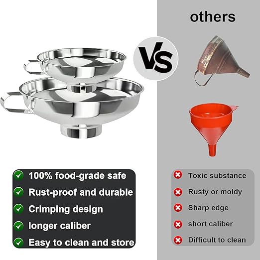 2-Pack Canning Funnels, Wide Mouth & Regular Mouth Kitchen Funnels for Mason Jars, Large & Small Funnel Set for Filling Bottles with Liquid, Oil, Dry Food - Stainless Steel