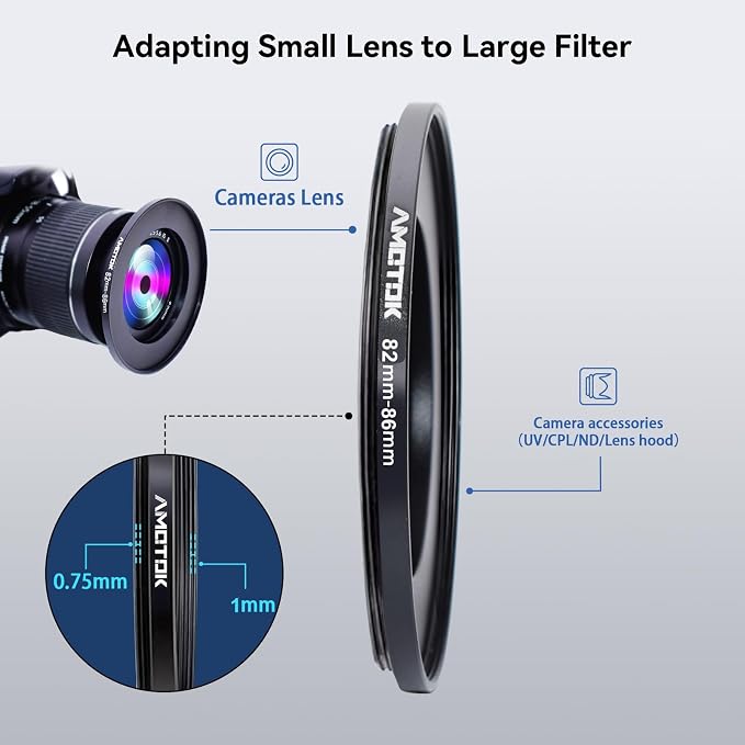 82mm Lens to 86mm Camera Lens Adapter, 82mm to 86mm Filter Step up Ring Adapter