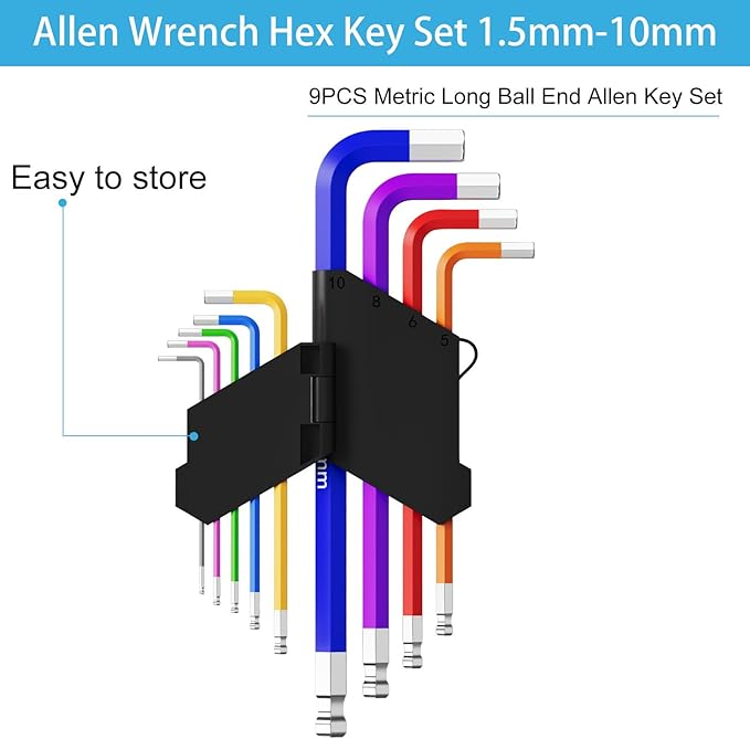 9PCS Allen Wrench Set 1.5-10mm Long Ball End Hex Key Set Cr-V Metric Allen Key Hexagonal Assortment