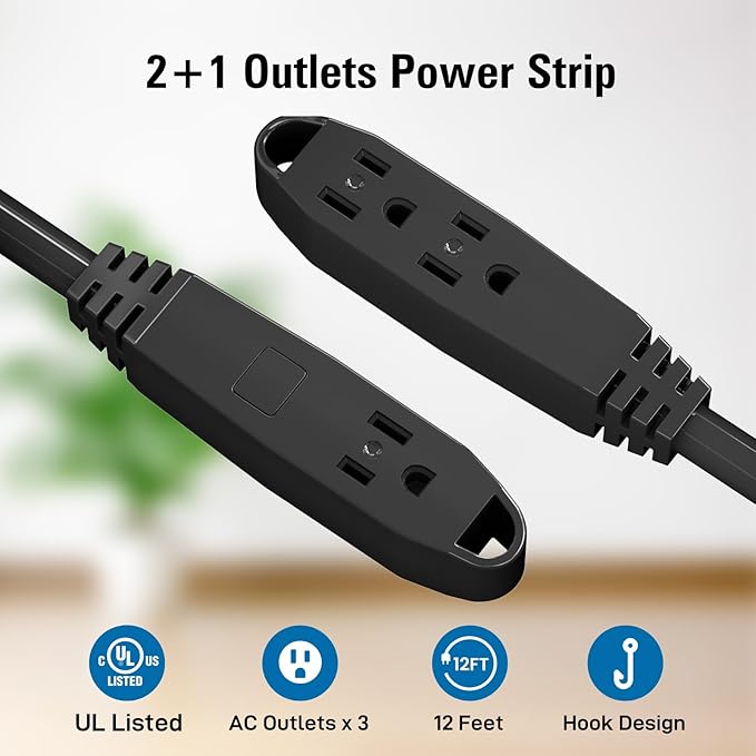 K KASONIC - 12-Feet 3 Outlet Extension Cord, UL Listed, 16/3 SJTW 3-Wire Grounded, 13 Amp 125 V 1625 Watts, Multi-Outlet Indoor/Outdoor Use, Black