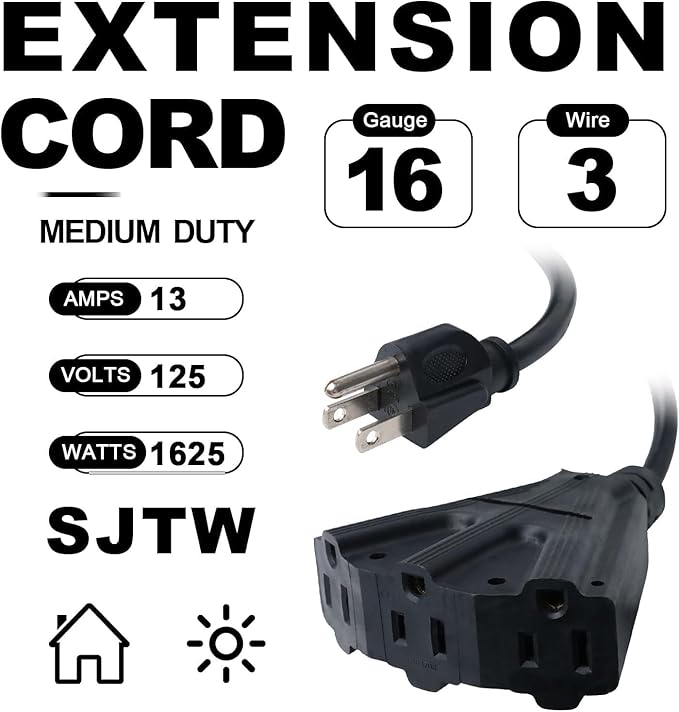 EP 2 Pack 6 Ft Outdoor Extension Cord with 3 Electrical Power Outlets - 16/3 SJTW Black Cable with 3 Prong Grounded Plug for Safety Great for Christmas Lights, Garden and Major Appliances