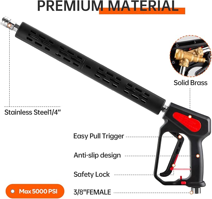 AURORA CAR Pressure Washer Gun, 4000PSI High Pressure Washer Gun with Replacement Wand Extension, Power Washer Gun with 3/8'' Quick Plug, M22-14mm/15mm Fittings, 5 Nozzle Tips, 40 Inch