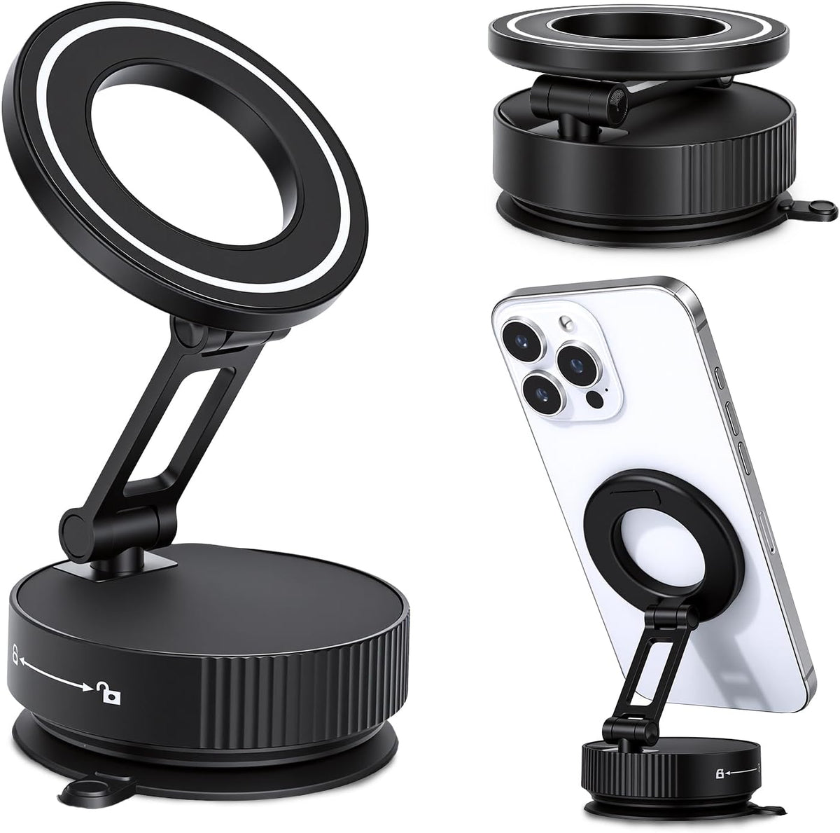 LifetimeWarranty Durability Magnetic Car Phone Holder, 360°Adjustable Car Mount w/ Vacuum Suction, Pocket Size Strong Magnetic Phone Mount for Dashboard&Windshield, Compatible with iPhone 17-12,Silver