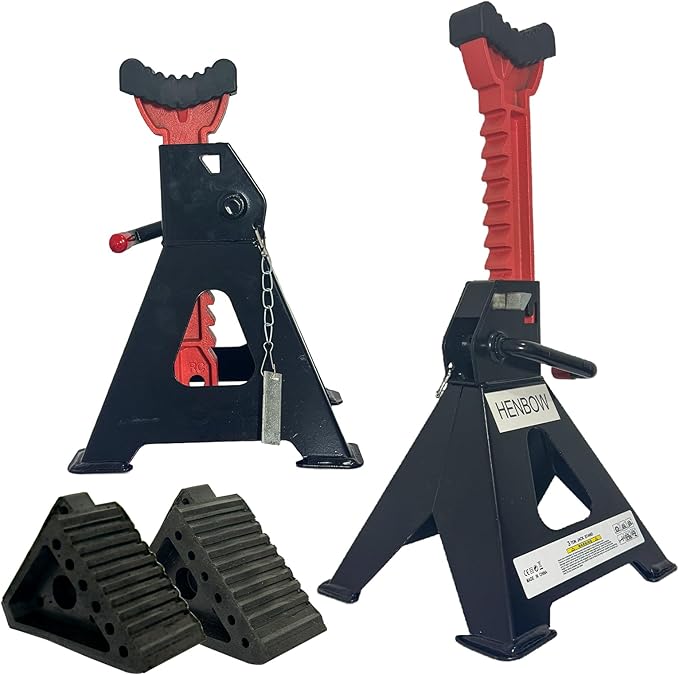 HENBOW Jack Stands，3 Ton Jack Stands with Solid Wheel Chocks，6600lbs Capacity,11"-16.33" Adjustable Car Lift Stands with Double Pin Locking,Black,1 Pair