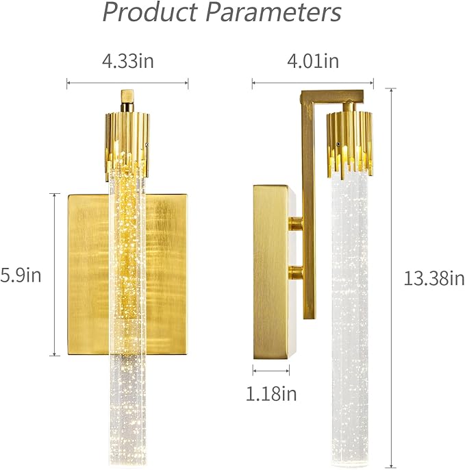 Gold LED Wall Sconce Set of Two with Bubble Crystal Stick Wall Light Modern Bathroom Vanity Light Fixture for Bedroom Bedside Hallway