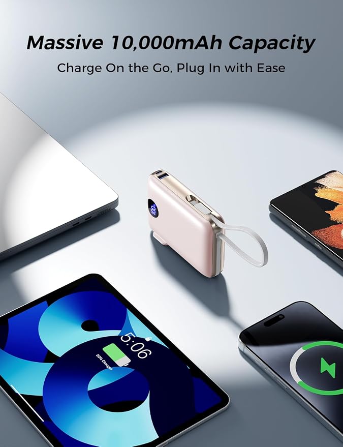Portable Charger with Built-in Cables & Wall Plug, 10000mAh Power Bank, 4 Outputs 22.5W USB C Fast Charging, Slim Travel Battery Pack with LED Display for iPhone 17/16/15/14, Rosegold
