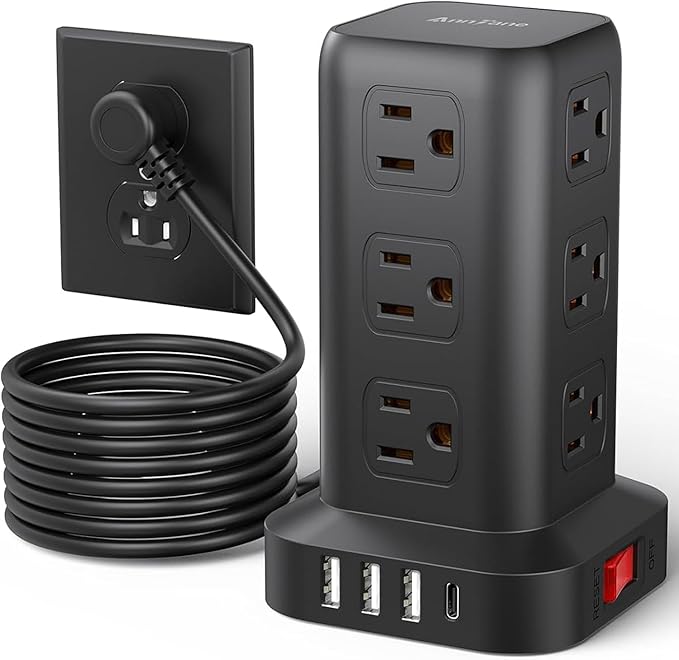 AnnTane Surge Protector Power Strip 10 FT Cord, Power Strip Tower with 4 USB Ports (1USB C), Extension Cord with 12 AC Multiple Outlets, Home Office Supplies Desk Accessories, Dorm Room Essentials