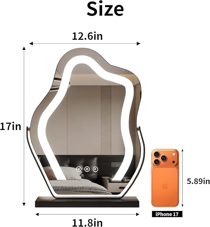 Makeup Mirror with Lights - 17″ Cloud Shaped Smart Touch 3-Color Dimmable 360° Rotation Memory Metal Frame Plug-in AC Power Tabletop Vanity Mirror Gift for Women Teen Girls Black