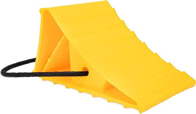 Camco Standard Wheel Chock w/Rope for Trailers - Heavy Duty RV Wheel Chock Constructed of Durable Plastic w/UV inhibitors - Features Rope Handle for Easy Removal - Use w/Tires Up to 26-in - 44472